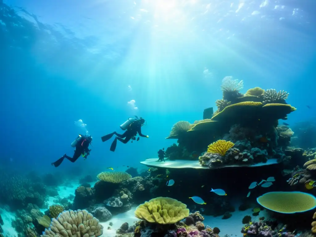 Equipo de buzos marinos explorando una vibrante barrera de coral, documentando la fauna marina en un ecosistema detallado