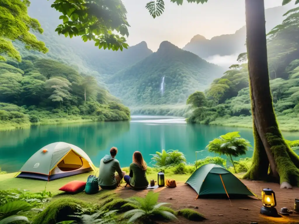 Equipo de campamento ecológico sostenible en un bosque biodiverso, exploradores cuidadosos con el entorno natural y equipamiento ecofriendly