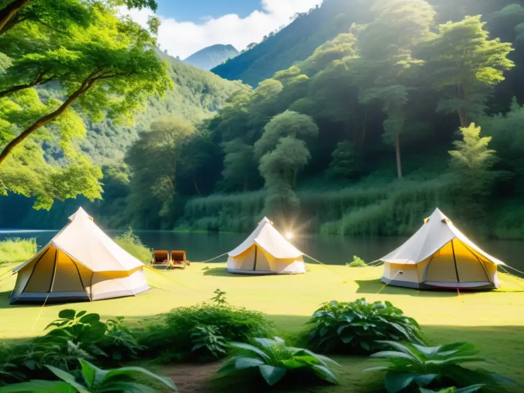 Equipo de campamento ecológico sostenible en bosque verde con tiendas biodegradables, paneles solares y plantas, junto a un río sereno