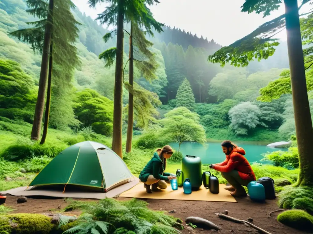 Un equipo de campamento ecológico sostenible montando un campamento en un exuberante bosque, utilizando equipo de acampada ecológico