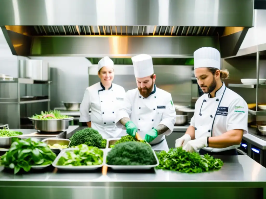 Equipo de chefs y personal en una cocina comercial sostenible, utilizando ingredientes orgánicos y reciclando envases