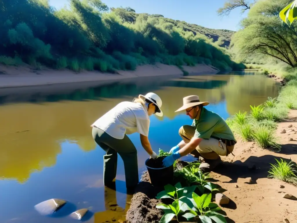 Equipo de científicos ambientales y expertos en restauración plantan vegetación nativa en río degradado, mostrando dedicación a la restauración