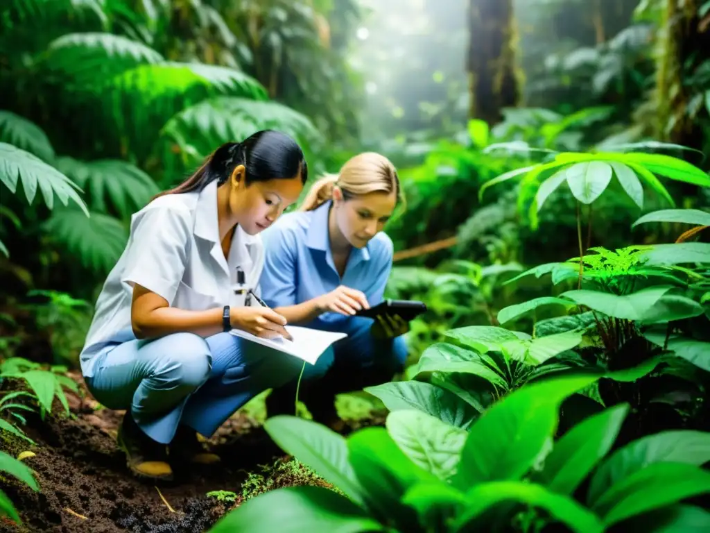 Equipo de científicos ambientales en la selva, evaluando el Impacto social y ambiental responsable