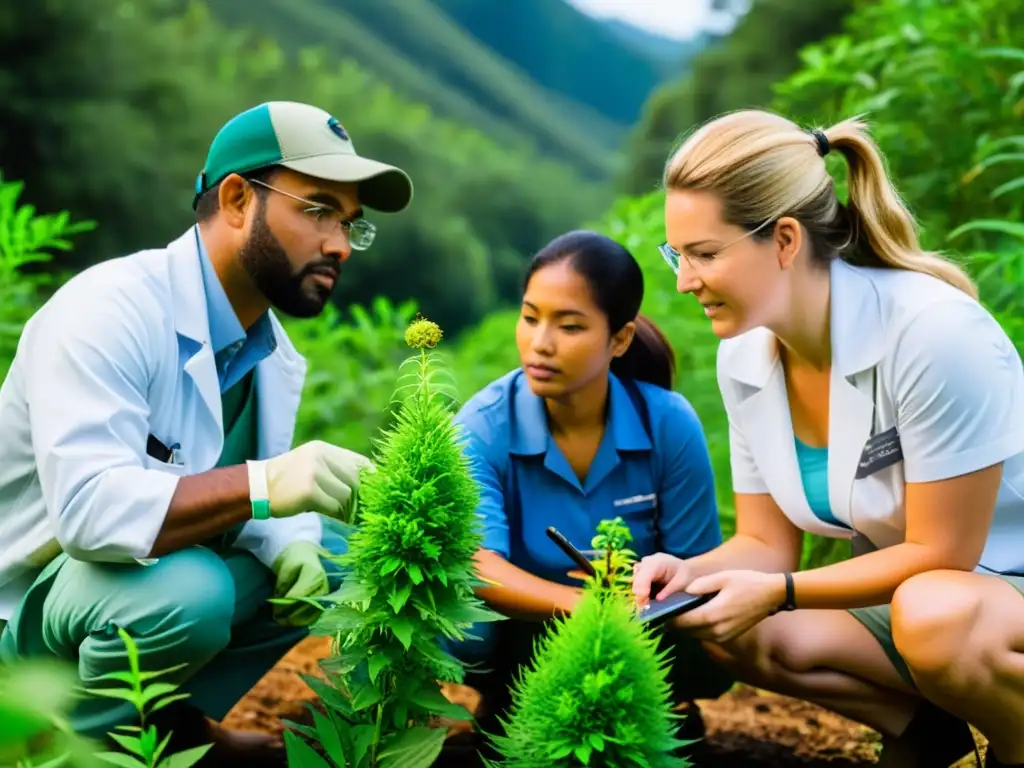 Un equipo de científicos y ambientalistas estudia una planta invasora en un ecosistema natural, con herramientas y discusiones intensas