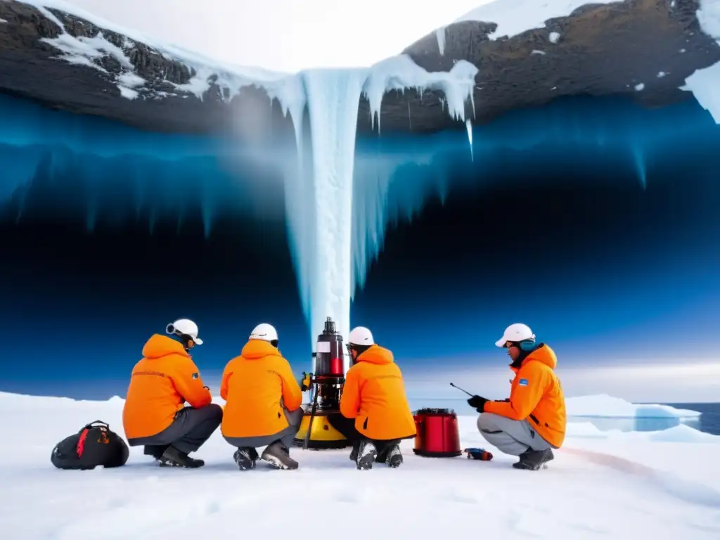 Equipo de científicos en la Antártida, extrayendo muestras del ecosistema subglacial antártico