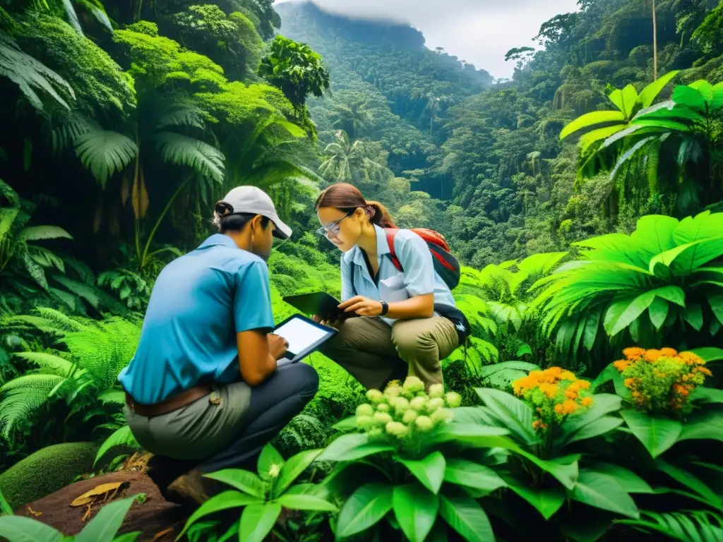 Equipo de científicos en investigación de campo en la selva, evaluando el Impacto Social y Ambiental Responsable en el ecosistema local