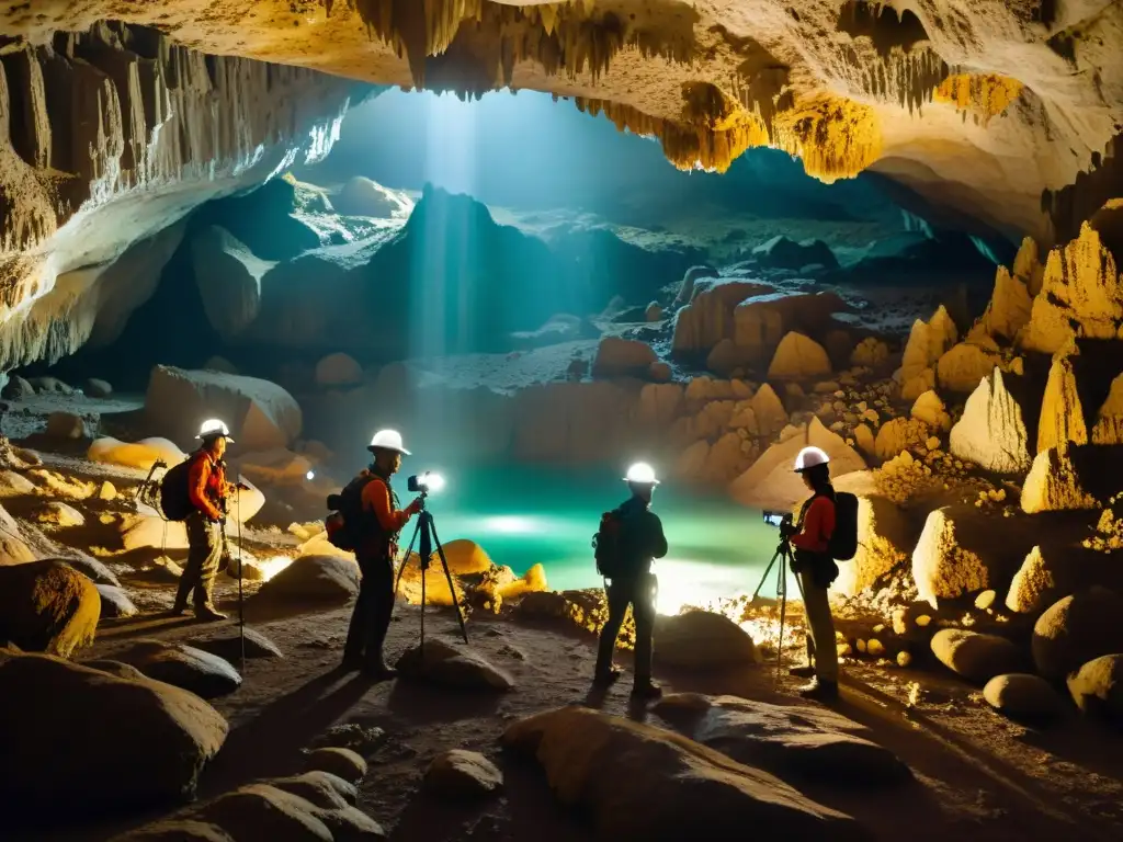 Un equipo de científicos explorando una caverna subterránea, documentando la biodiversidad en un entorno etéreo