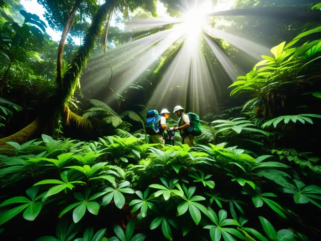 Un equipo de científicos en una expedición científica por la selva tropical, documentando flora y fauna en un entorno desafiante