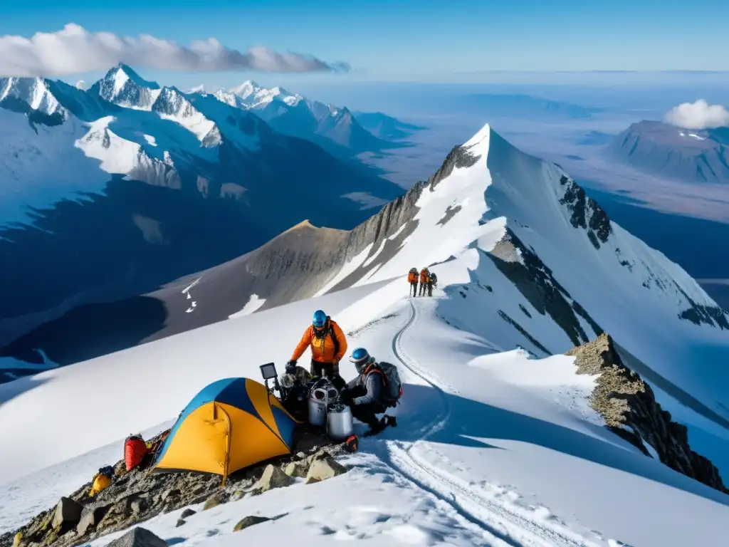 Equipo de científicos investigando en la cima nevada de una montaña, destacando la comunicación científica en altitud ecosistemas