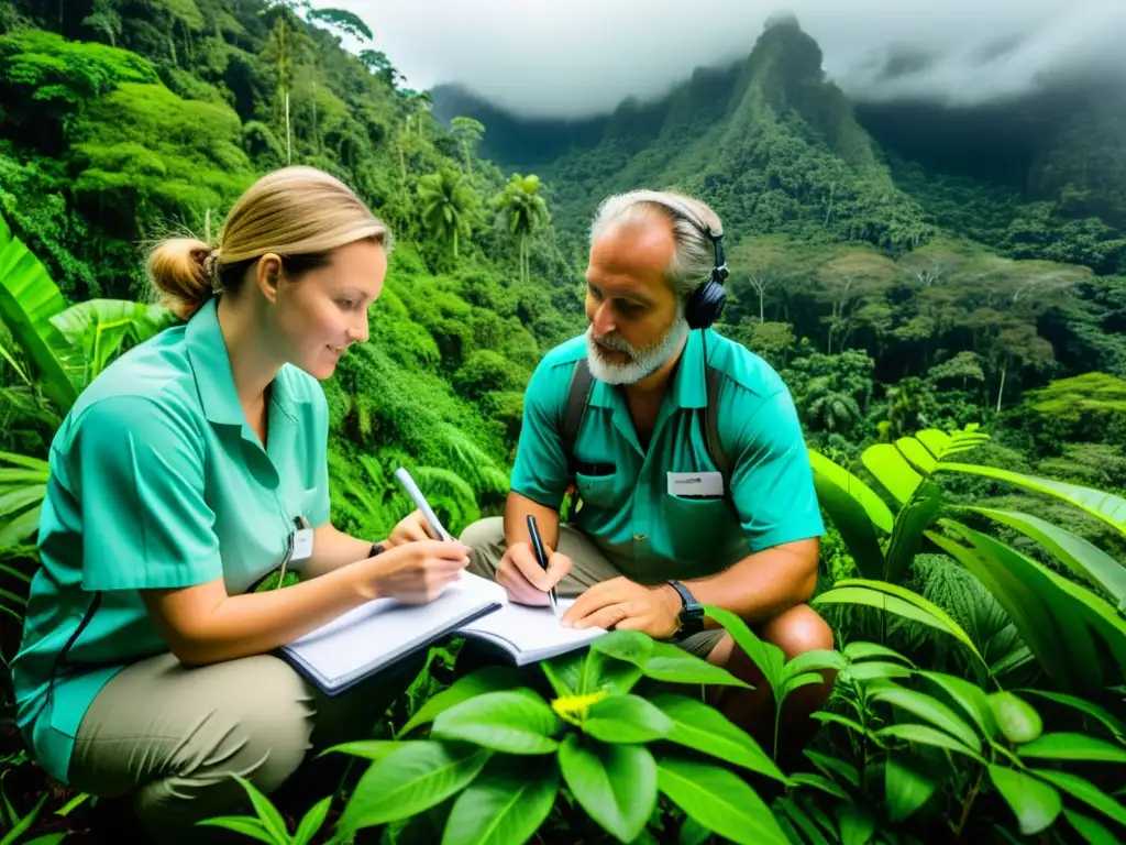 Un equipo de científicos y conservacionistas realizando investigación de campo en una exuberante selva