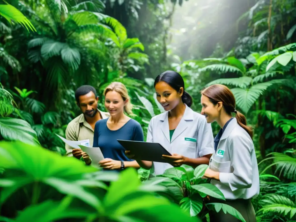 Equipo de científicos y conservacionistas en la selva, colaborando en iniciativas globales protección ecosistemas