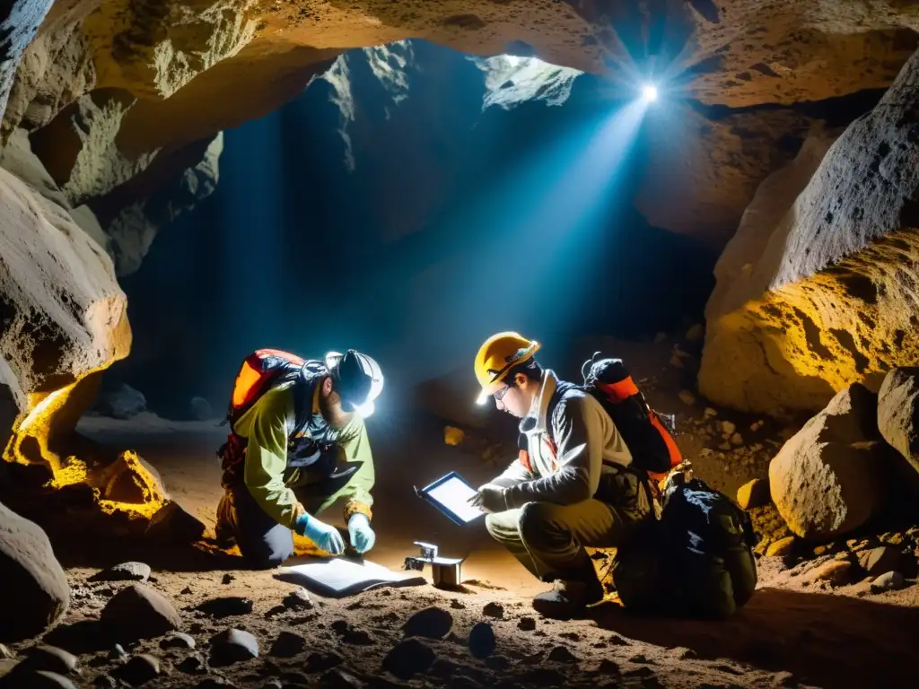 Equipo de científicos en cueva estudiando ecosistemas subterráneos