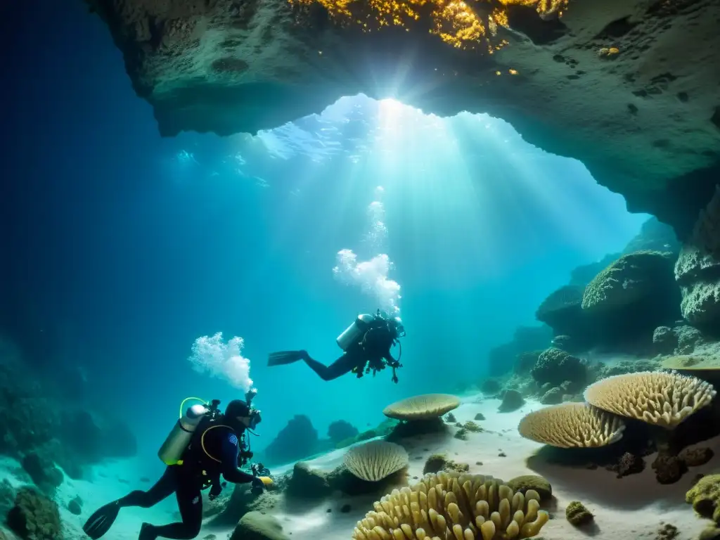 Equipo de científicos explorando cuevas submarinas en ecosistemas, rodeados de belleza frágil y misteriosa