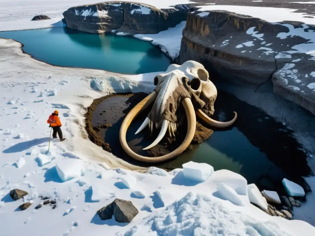 Un equipo de científicos excava con cuidado un esqueleto de mamut lanudo en la tundra ártica