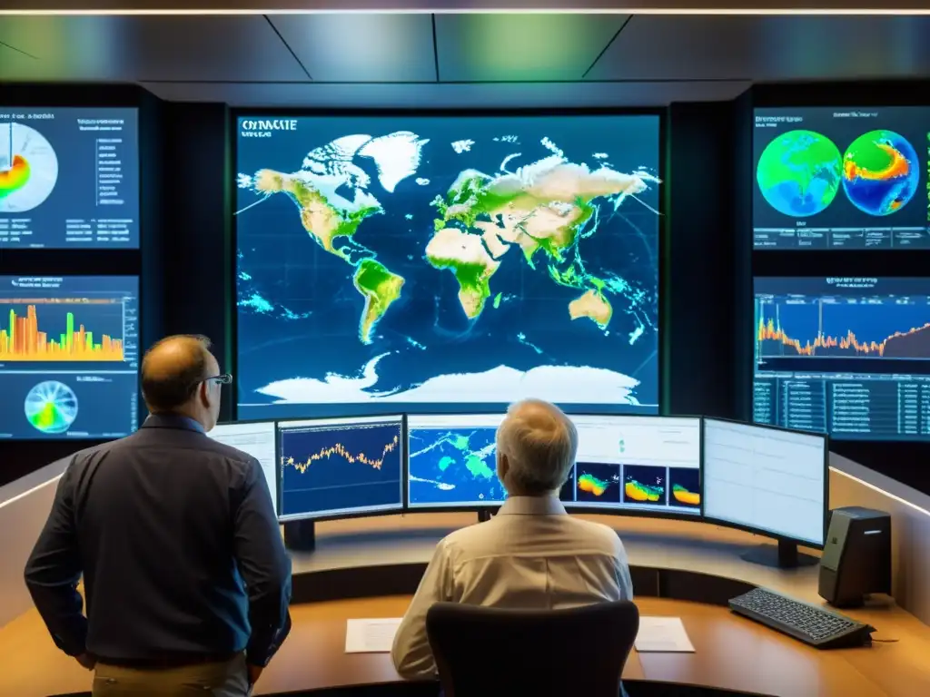 Equipo de científicos analizando datos climáticos históricos con modelos climáticos avanzados, precisión y profesionalismo en su análisis