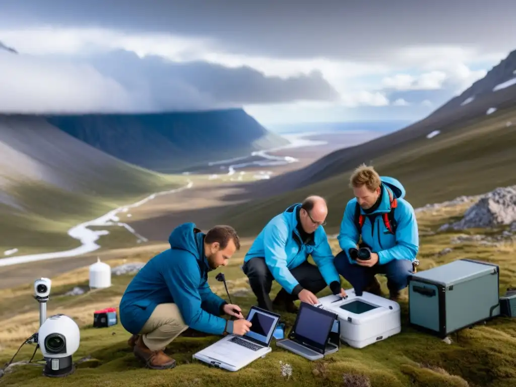 Un equipo de científicos recopila meticulosamente datos en estaciones meteorológicas remotas, alimentando modelos climáticos en terreno agreste