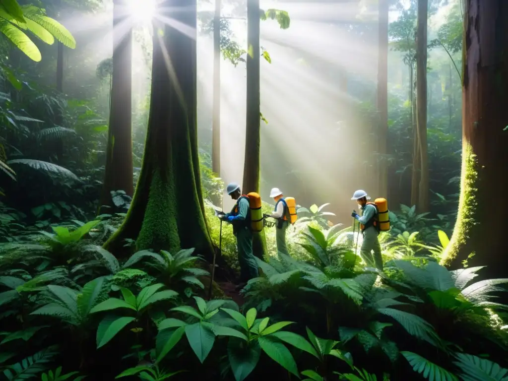 Equipo de científicos en la densa selva, documentando y estudiando la diversa flora y fauna con determinación y enfoque