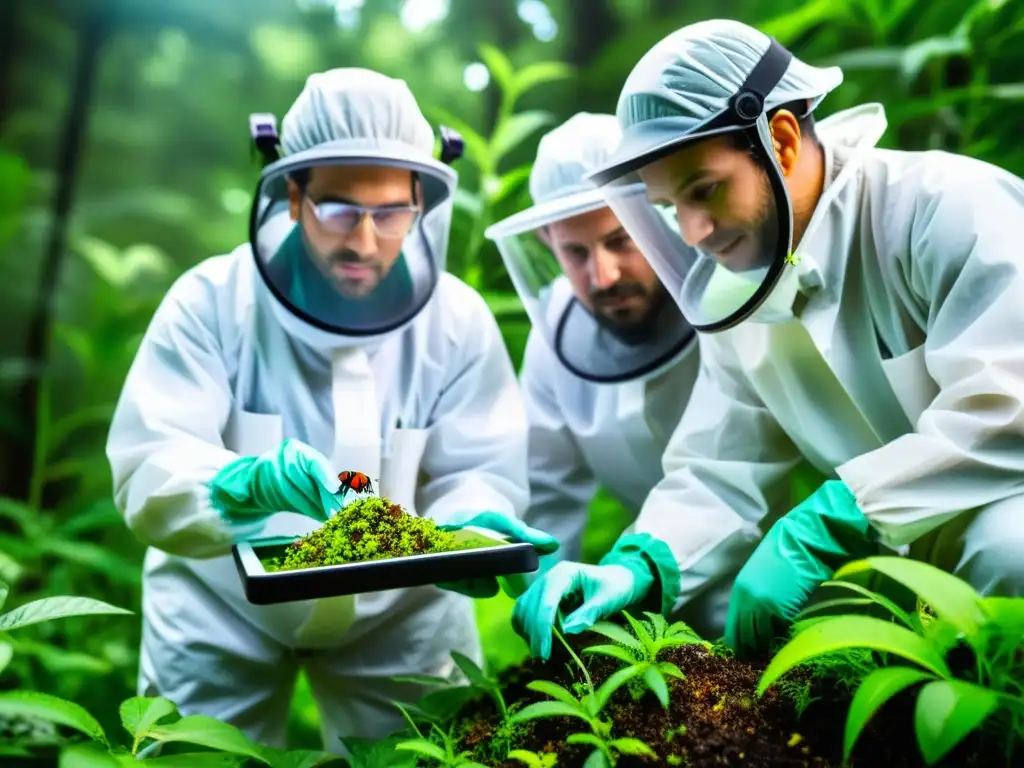 Un equipo de científicos libera depredadores naturales para el control de plagas en ecosistemas naturales, entre densa vegetación