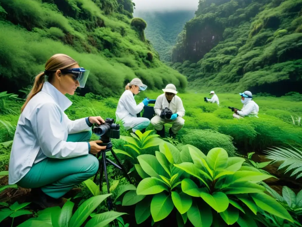 Equipo de científicos documentando la biodiversidad en un ecosistema protegido