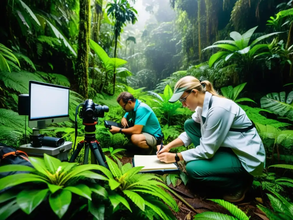 Equipo de científicos documentando ecosistemas en peligro en una exuberante selva