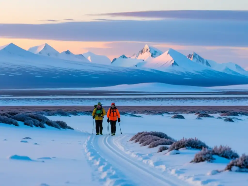 Expedición científica en la tundra ártica al atardecer Un equipo de científicos en equipo de invierno explorando la tundra ártica al atardecer