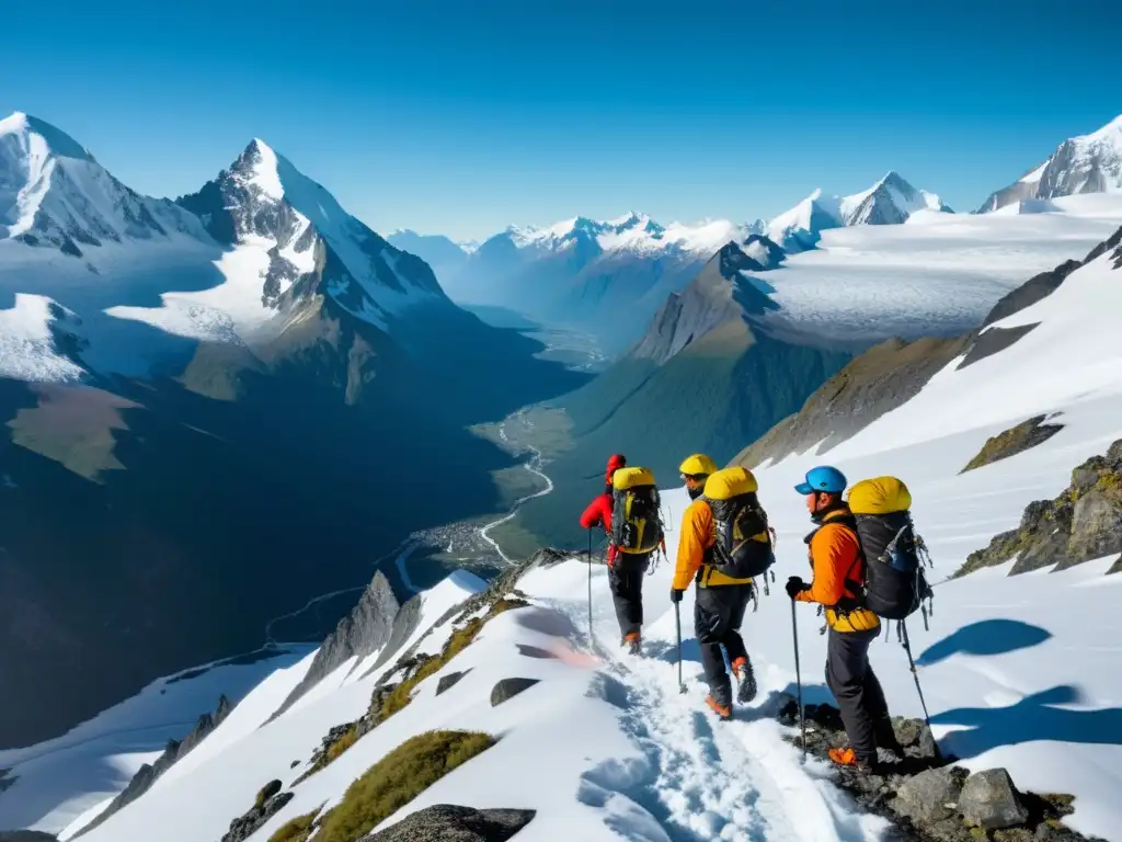 Equipo de científicos en expediciones científicas ecosistemas montaña, enfrentando terreno montañoso con picos nevados al fondo