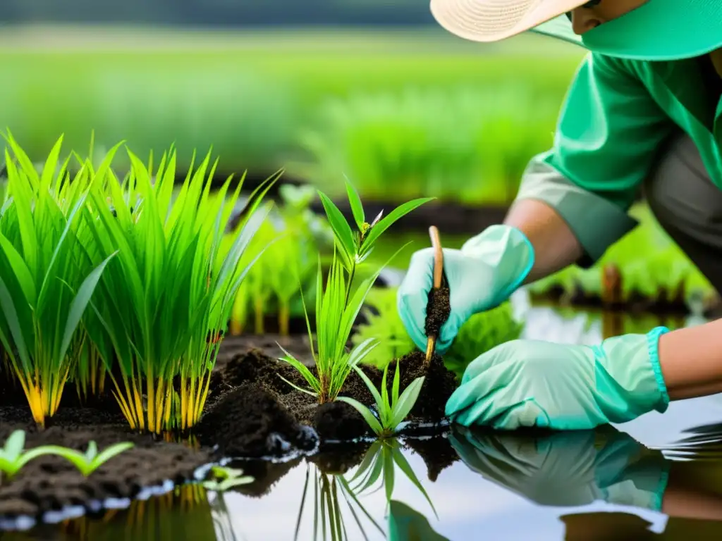 Equipo de científicos y bioingenieros restaurando hábitat natural mediante bioingeniería, con vegetación nativa y técnicas innovadoras