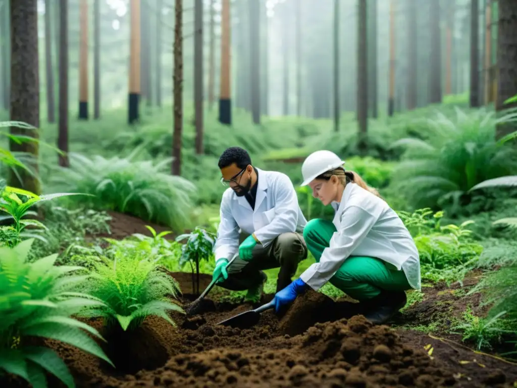 Equipo de científicos y ingenieros utilizando técnicas de bioingeniería para restauración ecológica en un exuberante bosque verde