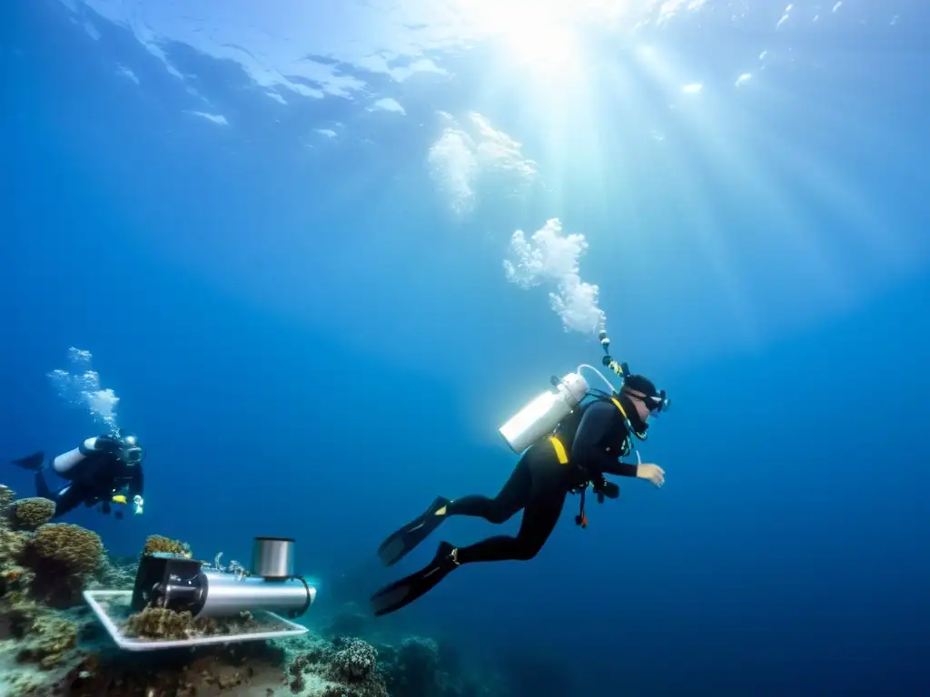 Equipo de científicos en una intensa exploración marina, comunicando descubrimientos en el fondo marino