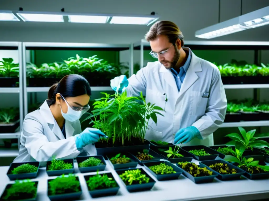 Un equipo de científicos en un laboratorio botánico de vanguardia, dedicados a la conservación de plantas