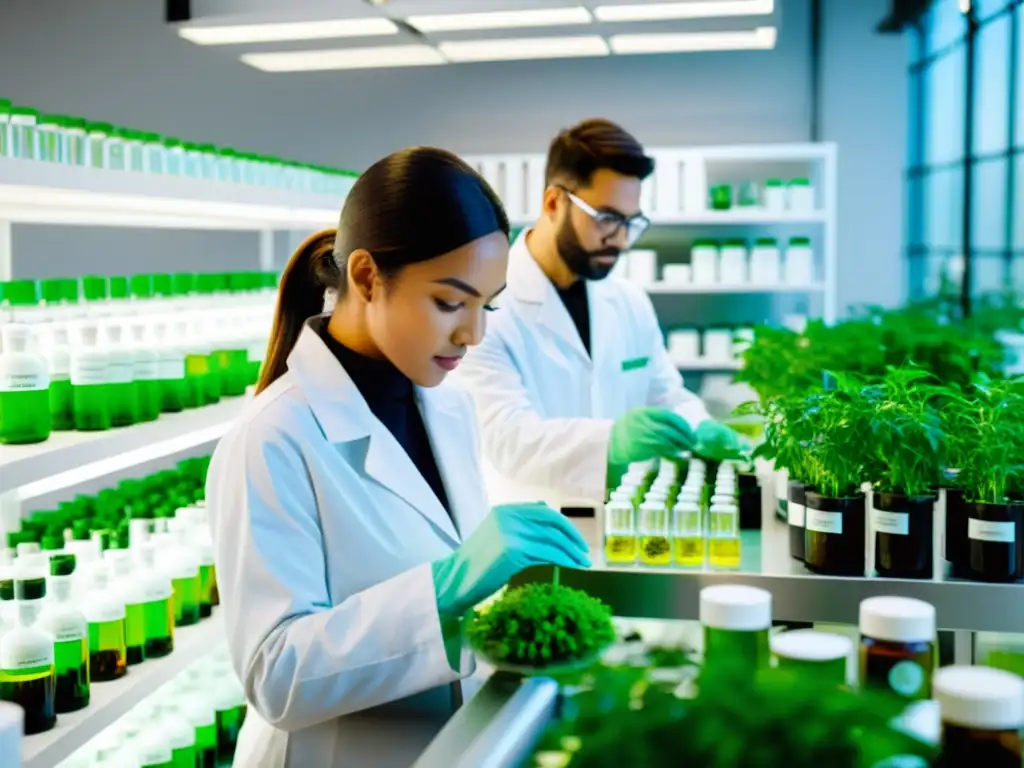 Equipo de científicos en laboratorio de empresa de belleza ecológica innovadora, formulando productos ecoamigables con ingredientes botánicos