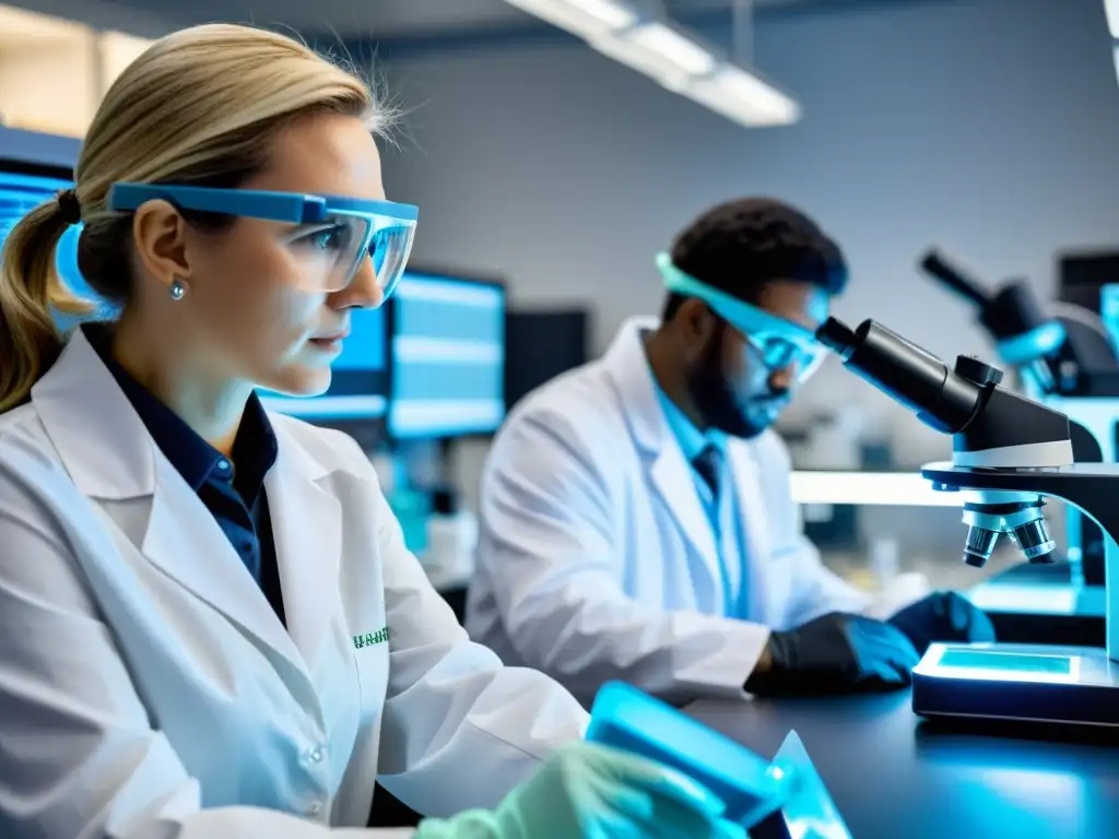 Equipo de científicos en laboratorio de genética, analizando muestras de ADN de especies amenazadas con precisión y enfoque