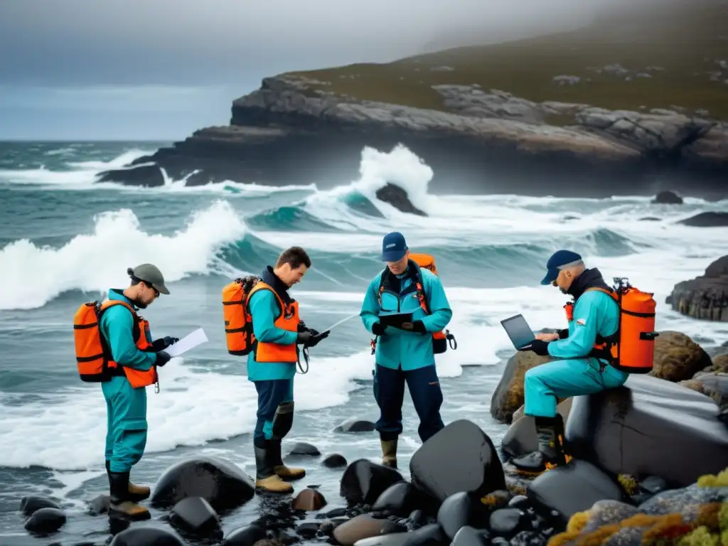 Equipo de científicos marinos realizando exploración y comunicación científica en costa remota, con olas rompiendo al fondo