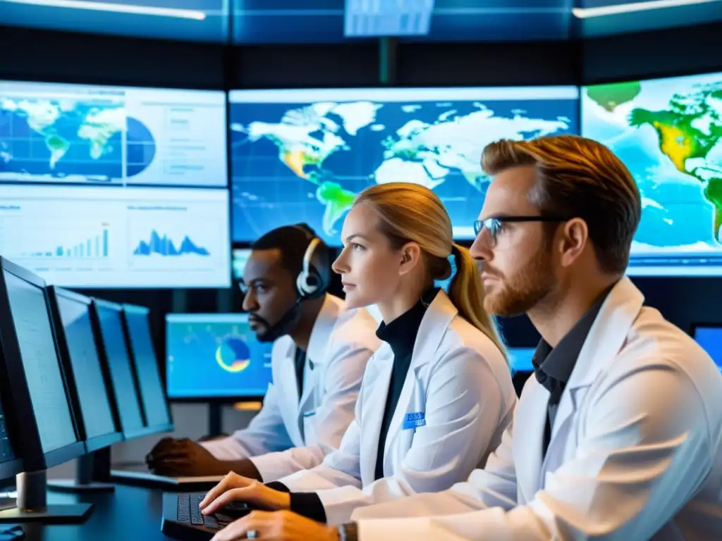 Equipo de científicos analiza modelos climáticos para conservación de ecosistemas, rodeados de tecnología avanzada