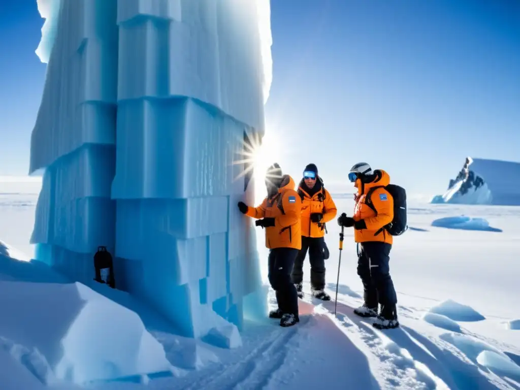 Equipo de científicos recolectando muestras de núcleos de hielo en la majestuosa Antártida