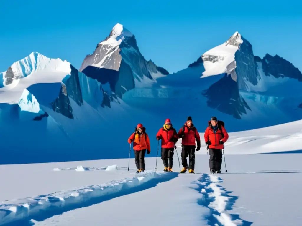 Un equipo de científicos en ropa de abrigo roja explorando el vasto paisaje antártico