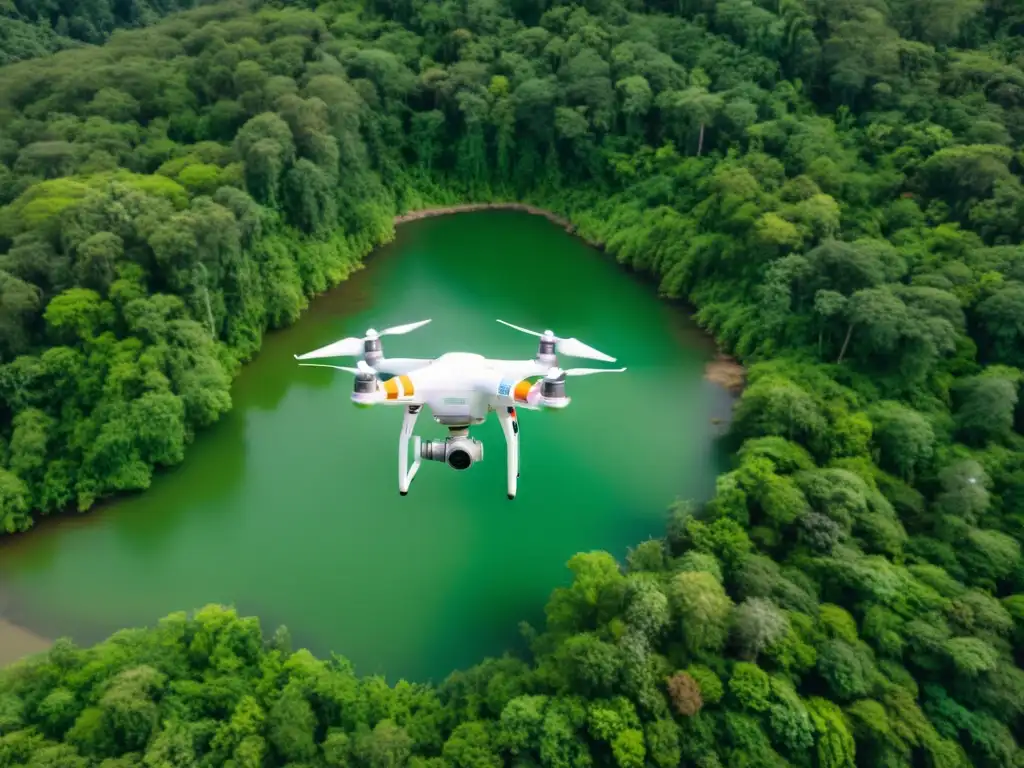 Equipo de científicos y técnicos utilizando drones para restauración de ecosistemas en un bosque exuberante