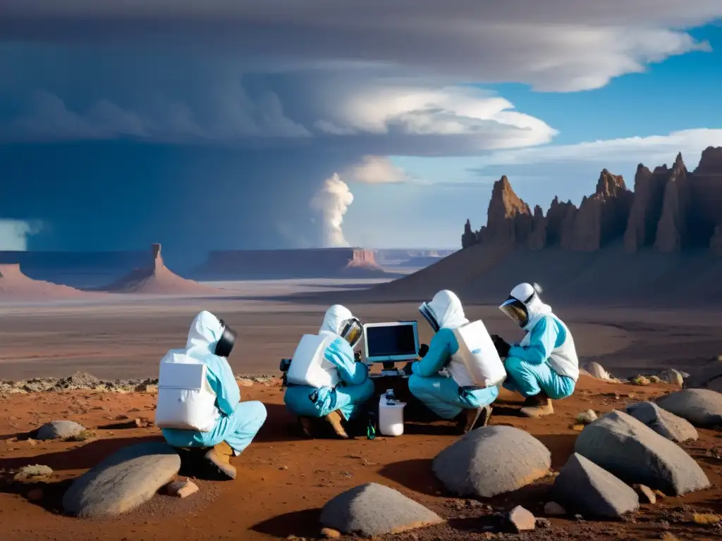 Un equipo de científicos en trajes protectores realizando investigación en un paisaje hostil