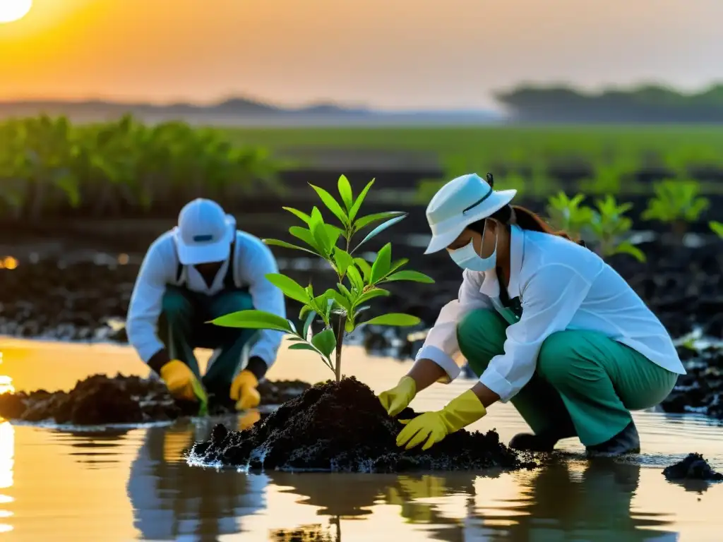 Un equipo de científicos y voluntarios planta árboles jóvenes de manglar en la costa al atardecer, destacando la restauración de manglares y su impacto en la protección costera