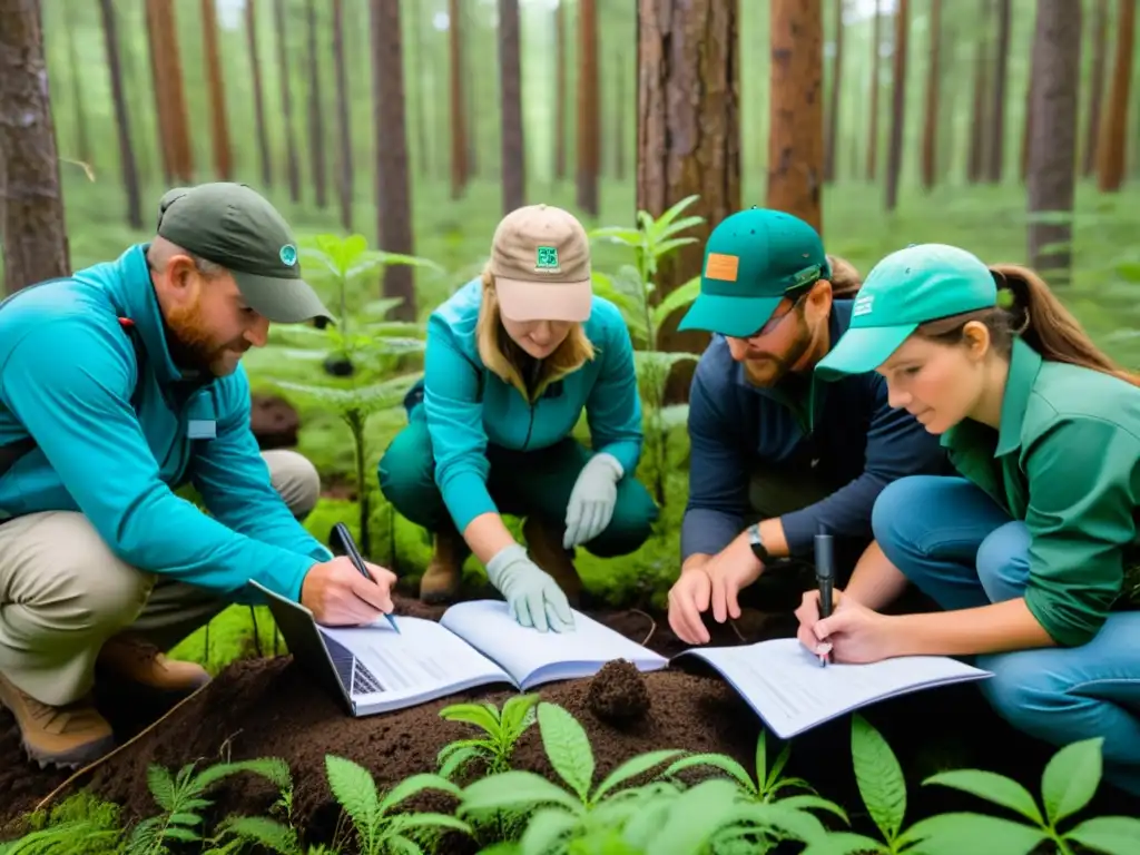 Un equipo de científicos y voluntarios monitorea y restaura un ecosistema forestal, demostrando compromiso y profesionalismo