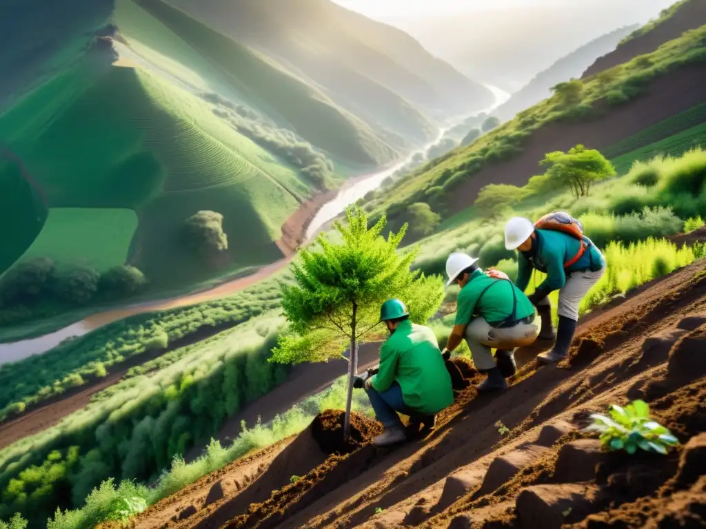 Equipo de conservacionistas plantando árboles en montaña erosionada, vital reforestación en áreas montañosas erosionadas