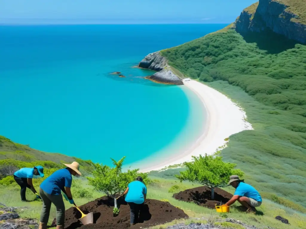 Equipo de conservacionistas plantando árboles nativos en una remota isla, contribuyendo a la restauración del frágil ecosistema insular