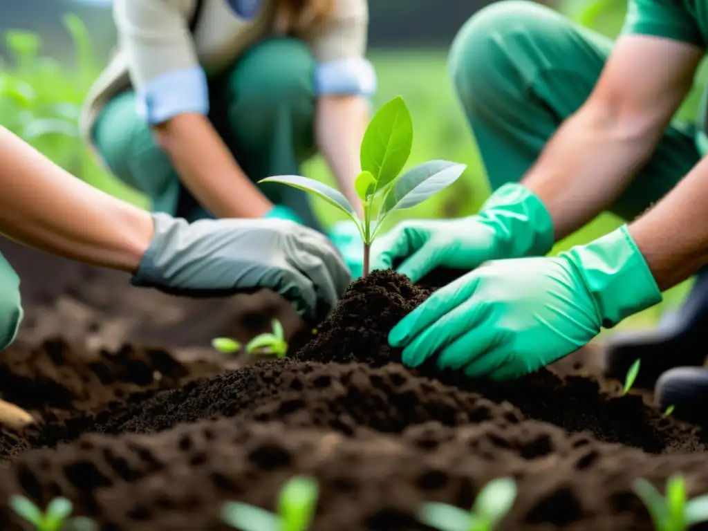 Equipo de conservacionistas plantando árboles nativos en ecosistema degradado, destacando la restauración ecológica para recuperación especies