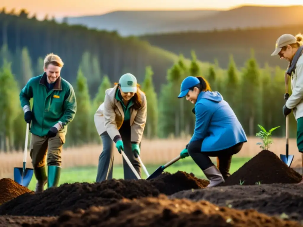 Equipo de conservacionistas y científicos plantando árboles al atardecer, mostrando su dedicación a la conservación de ecosistemas estrategias clave