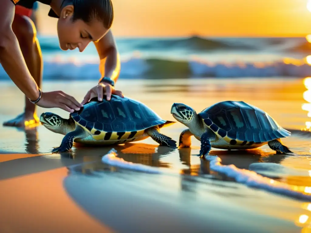 Equipo de conservacionistas liberando delicadamente crías de tortuga en el océano al atardecer, resaltando la restauración ecológica para recuperación especies