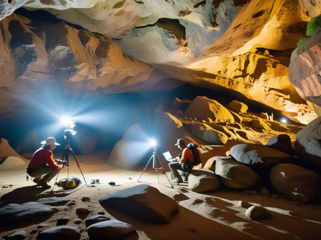 Equipo de conservacionistas explorando y documentando cuevas emblemáticas en una cueva subterránea, resaltando la importancia de su labor