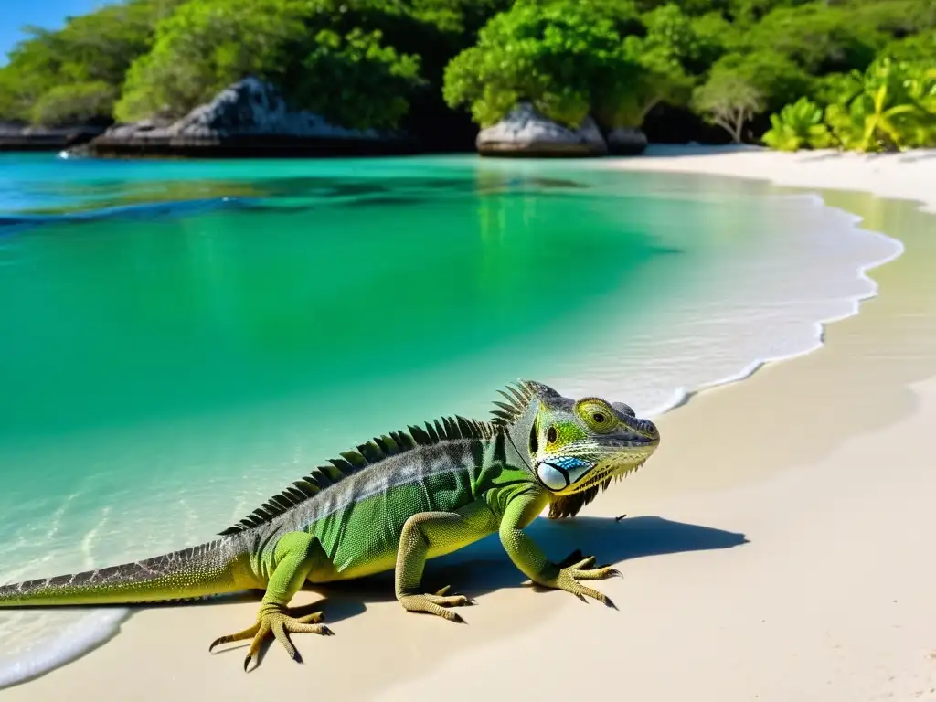 Un equipo de conservacionistas libera con cuidado iguanas en una isla remota, rodeados de exuberante vegetación y aguas cristalinas