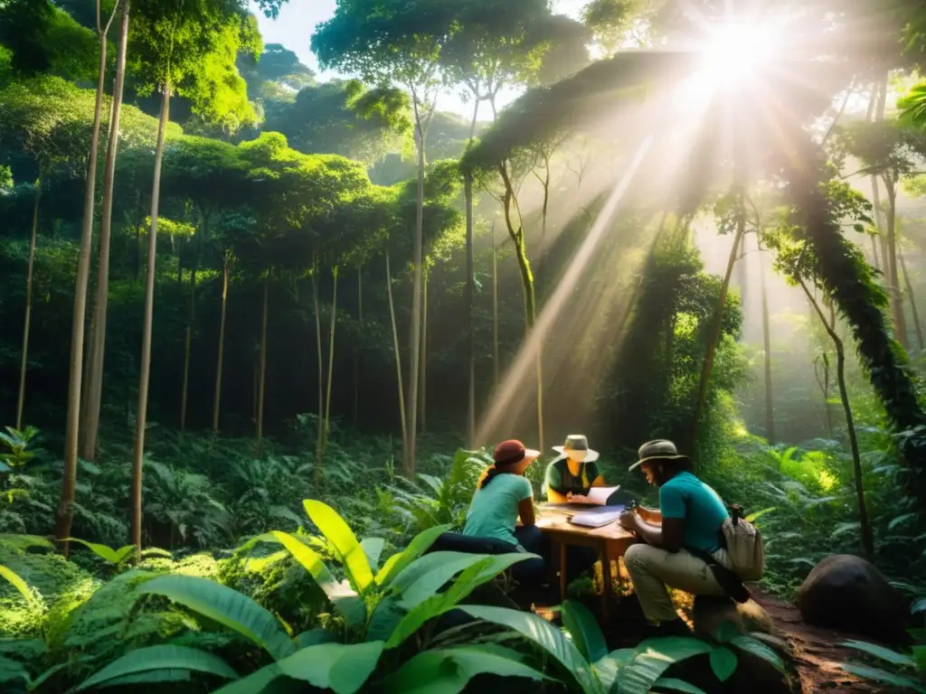 Un equipo de conservacionistas y ecologistas realiza investigación de campo en un exuberante bosque biodiverso