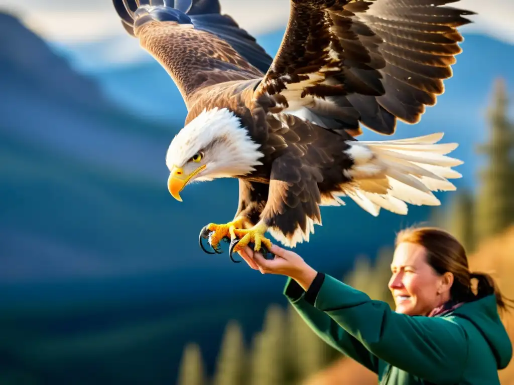 Equipo de conservacionistas liberando águila calva rehabilitada en su hábitat natural