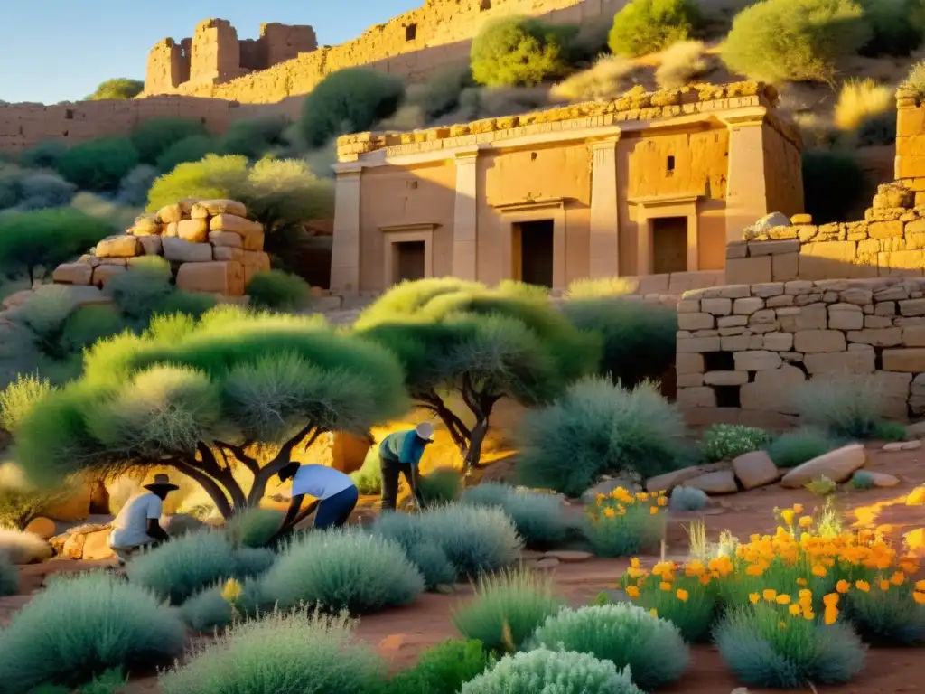 Equipo de conservacionistas restaurando un sitio cultural antiguo, integrando flora nativa en ruinas, con la cálido resplandor del amanecer